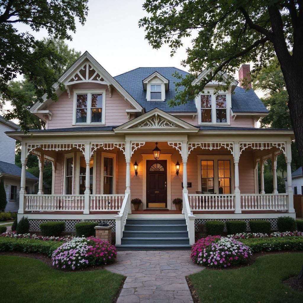 Pink Victorian house with wraparound porch, decorative trim, and flower beds at dusk