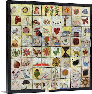 Framed collage of small square paintings featuring flowers, animals, hearts, fruit, and colorful motifs