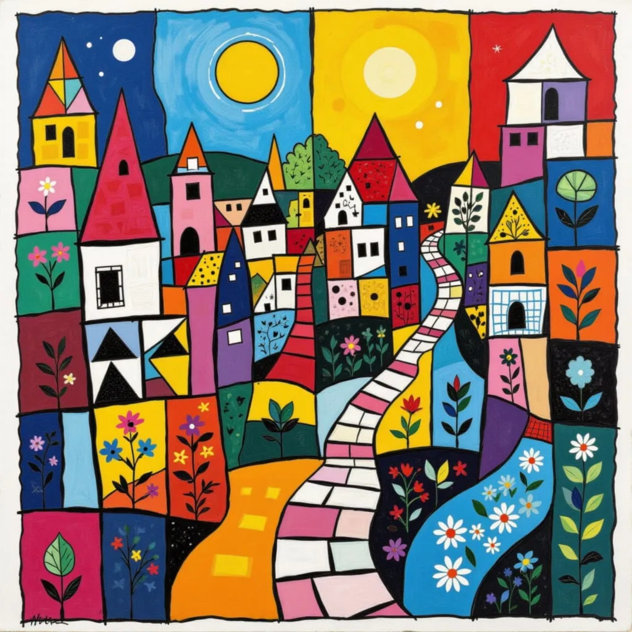 Colorful geometric village with triangular houses, winding paths, and floral decorative panels in folk art style