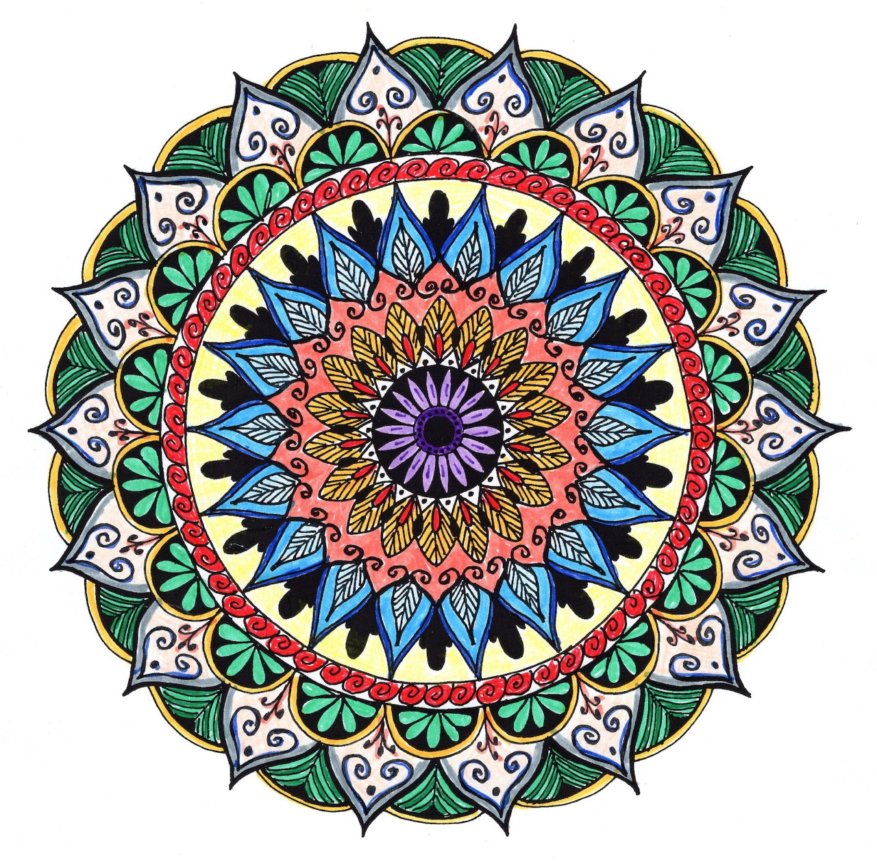 Colorful mandala with symmetrical geometric patterns in blue, orange, purple, and green