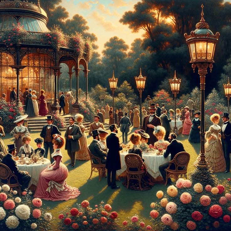 Victorian garden party with elegant guests, ornate gazebo, lanterns, and colorful flowers under dramatic sunset
