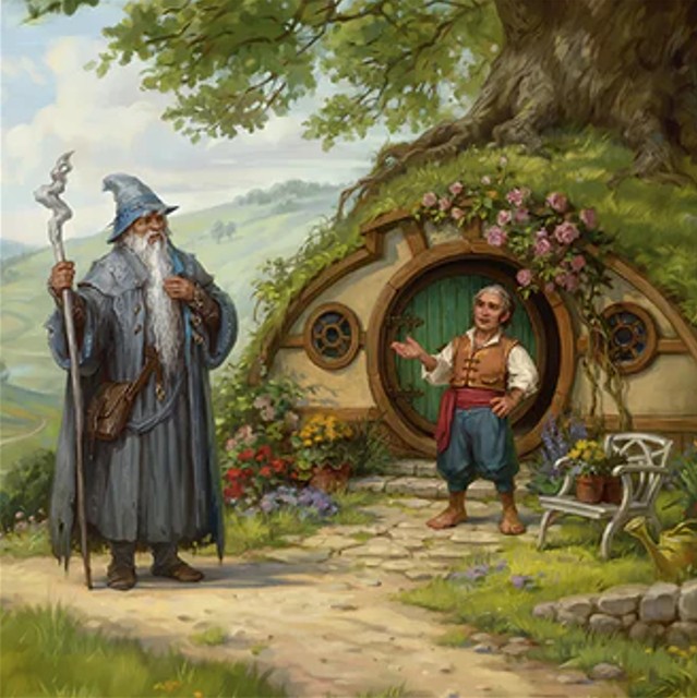 Wizard in grey robes visiting a hobbit at his round green door in a hillside home with flowers
