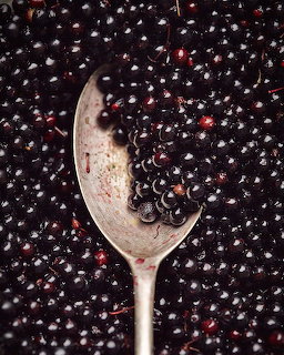 Wooden spoon surrounded by small dark berries on a dark background