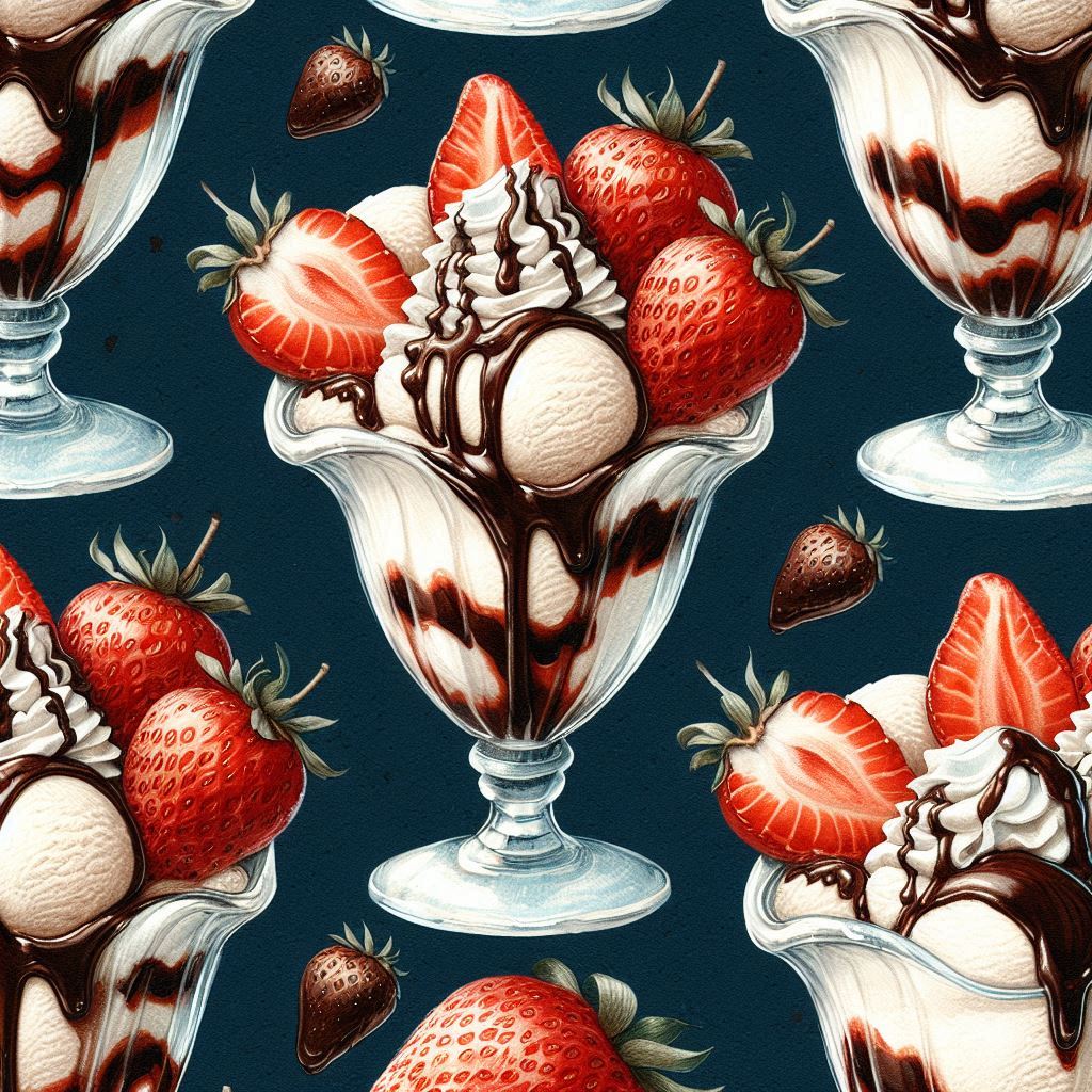 Illustrated pattern of strawberry ice cream sundaes with chocolate syrup in glass dessert cups