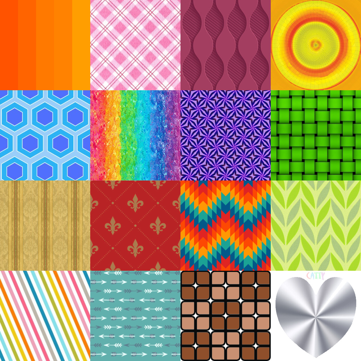 Grid of 20 colorful pattern squares with geometric, striped, and abstract designs