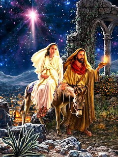 Mary riding donkey led by Joseph at night with angel and bright star above ruins