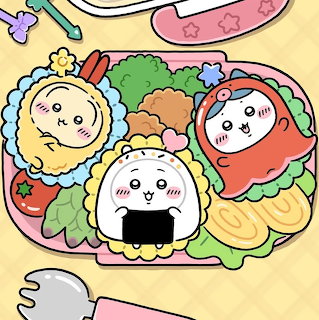 Kawaii bento box with smiling onigiri rice balls, vegetables, and cute food characters in pastel colors