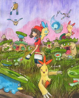 Animated Pokémon characters gathered in a lush green marsh with water pools and flowers