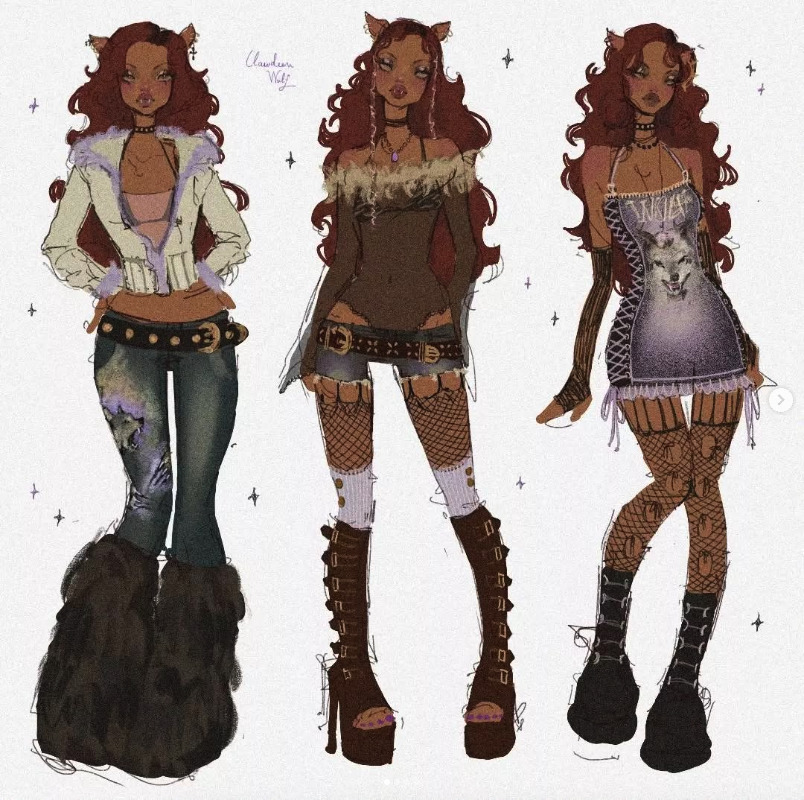 Three outfit designs of Clawdeen Wolf character in different Y2K fashion styles with fur details and platform boots