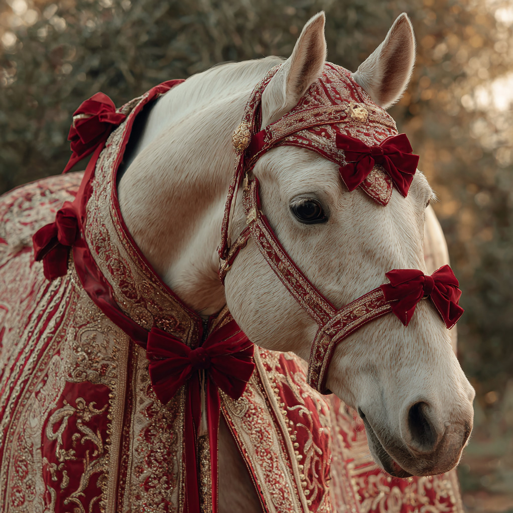 White horse in red and gold Christmas bridle with festive bows