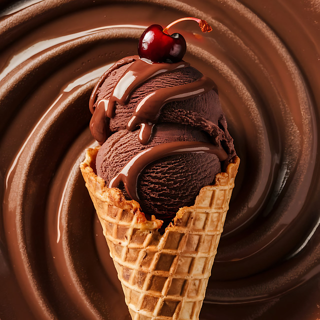 Chocolate ice cream scoops in a waffle cone with chocolate sauce and a cherry