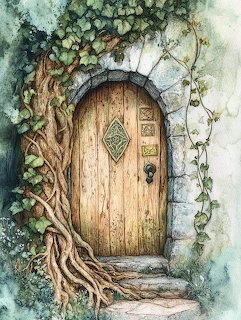 Watercolor of rustic wooden door with tree and ivy on stone wall