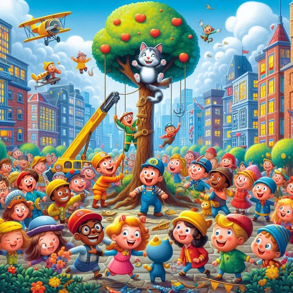 Cartoon cat stuck in an apple tree above a smiling crowd in a colorful city street