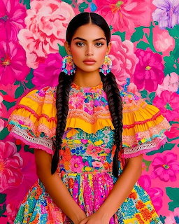 Woman in bright floral embroidered dress with braids posing before pink flowers