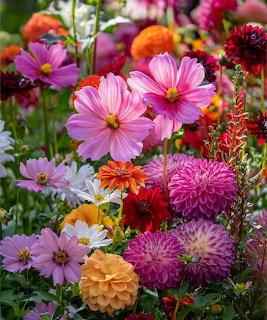 Colorful garden with pink cosmos, orange dahlias, purple flowers, and various blooms in natural outdoor setting