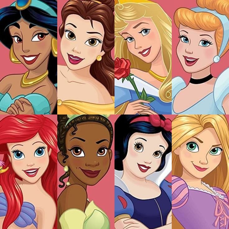 Grid of eight Disney princess portraits in colorful illustrated style
