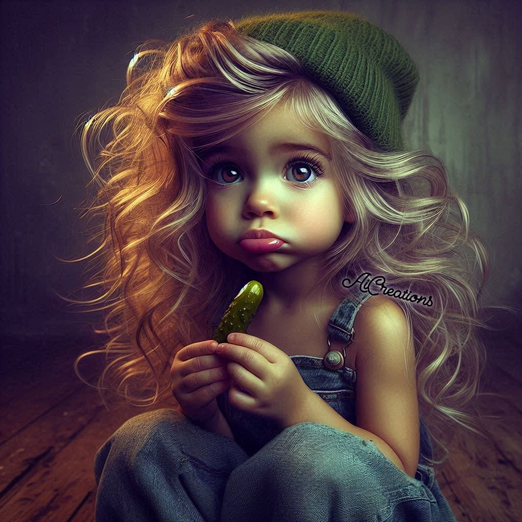 Stylized sad little girl with curly blonde hair, beanie, and overalls holding a small green pickle