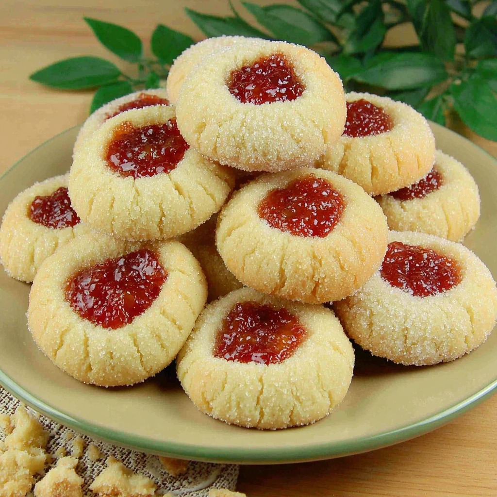 Plate of sugar-coated thumbprint cookies with red jam centers on a wooden table
