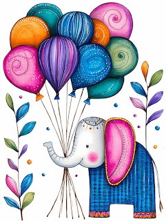 Colorful whimsical illustration of a blue patterned elephant holding multicolored balloons with decorative leaves