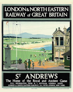 Vintage railway poster showing St Andrews golf course with clubhouse, golfers, and coastal scenery
