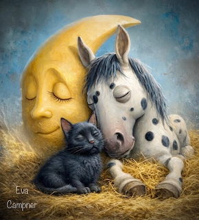 Illustrated spotted horse and black cat sleeping on hay next to a yellow crescent moon with a face
