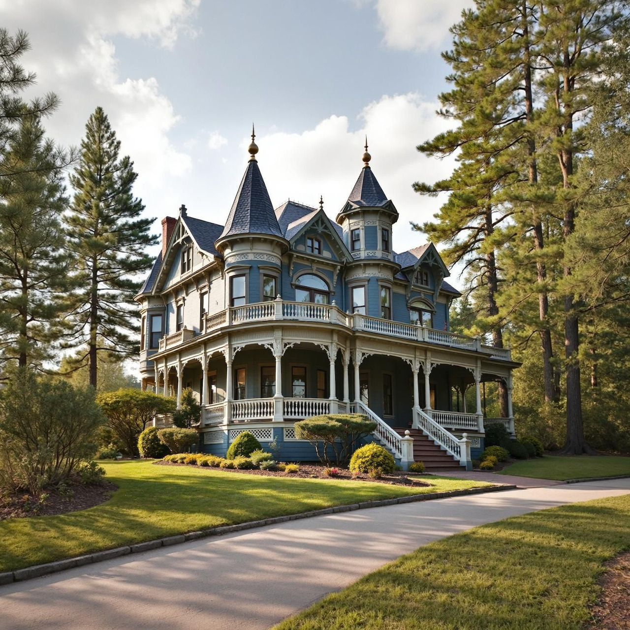 Large Victorian mansion with dual turrets and wrap-around porch surrounded by pine trees