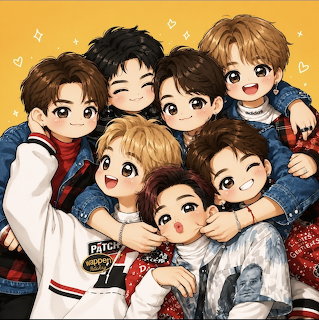 Anime-style group portrait of six smiling boys hugging against a yellow background