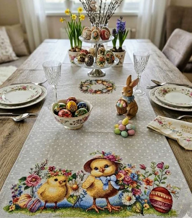 Easter table with flowers, decorated eggs, bunny, and festive runner with chicks and flowers