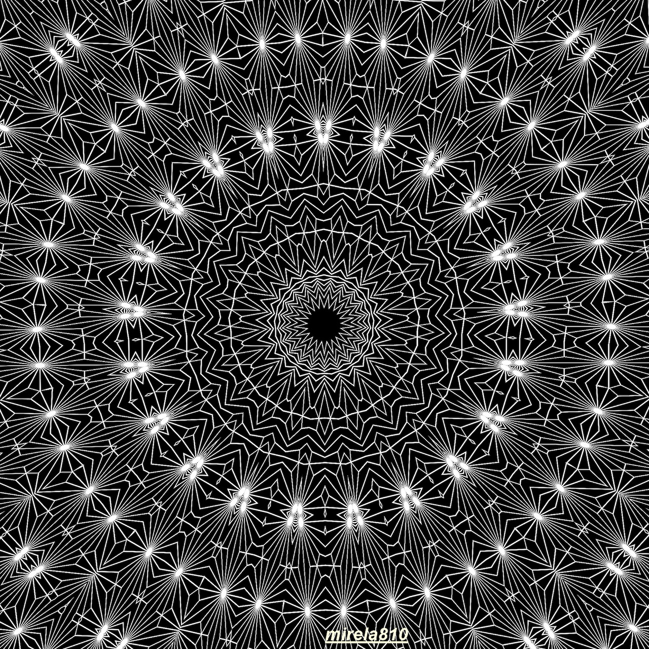 Black and white mandala with intricate symmetrical geometric pattern radiating from center