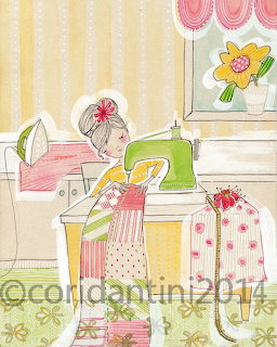 Illustrated girl with hair bun sewing a patchwork quilt on a green sewing machine near a window with flowers