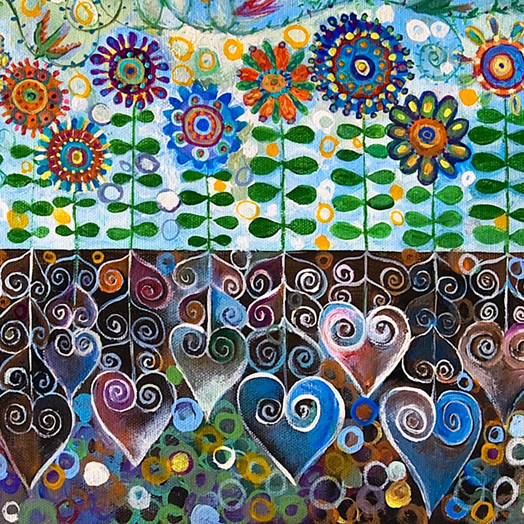 Folk art painting with colorful patterned flowers on stems above decorative hearts and spiral designs