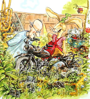 Illustration of two anthropomorphic rabbits with a motorcycle in a green garden setting