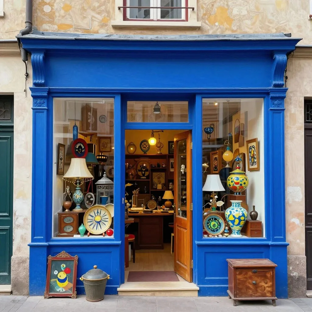 Blue painted antique shop storefront with open door and windows full of vintage items