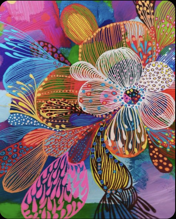 Colorful abstract floral artwork with patterned petals in vibrant pink, blue, orange and purple tones
