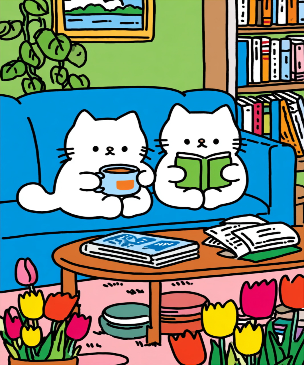 Cartoon Cats Reading