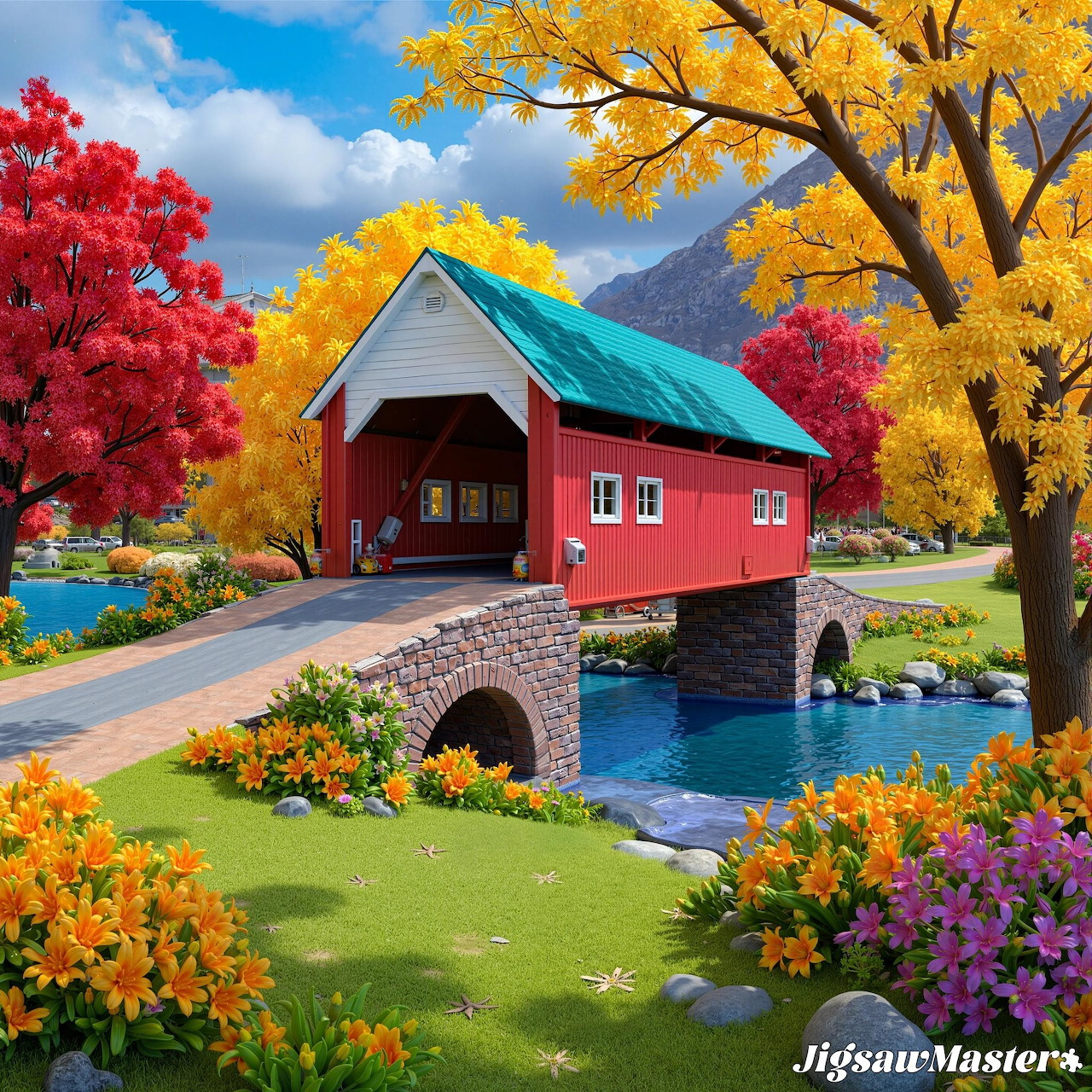 Red covered bridge over a stream in a colorful autumn landscape with flowers and mountains