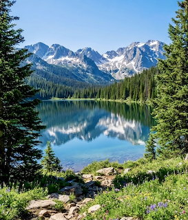 Clear alpine lake reflecting jagged snow-capped mountains, surrounded by pine trees and rocky shore