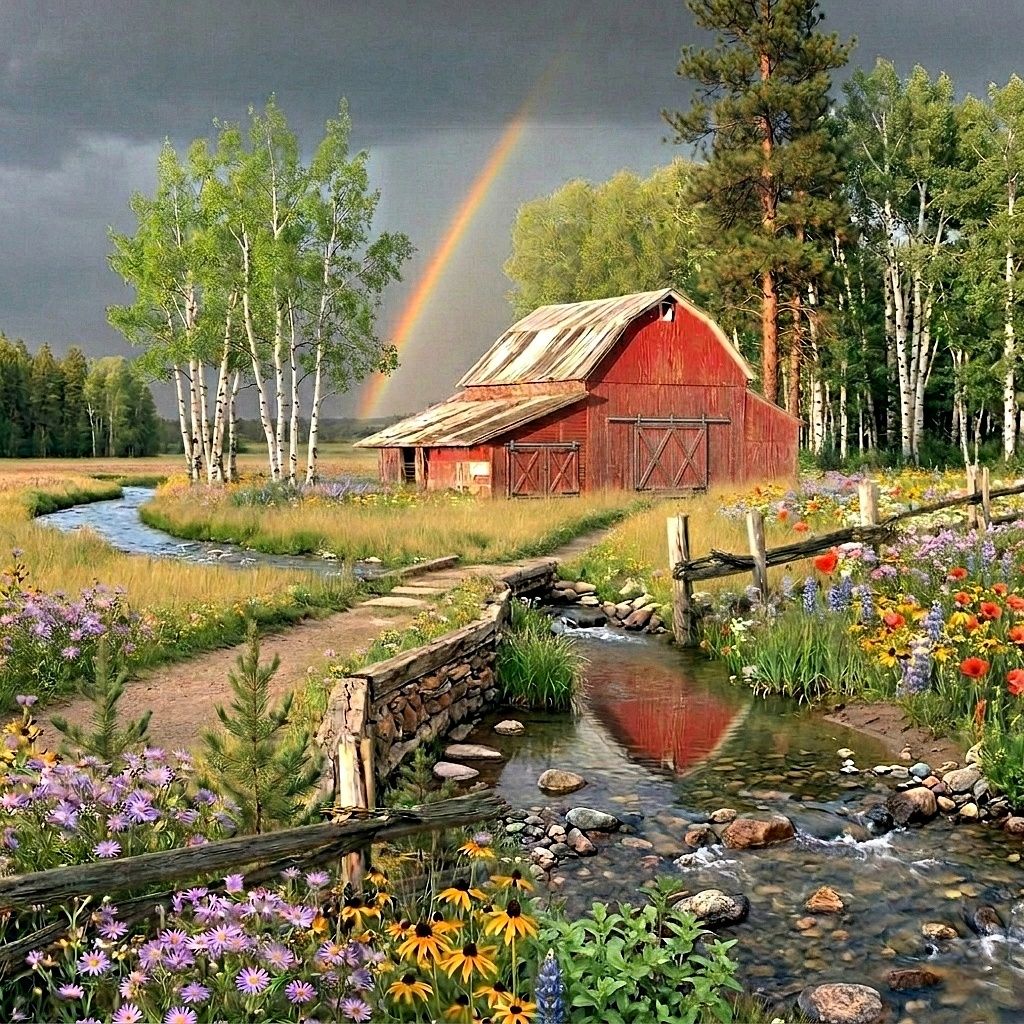 Red Barn Rainbow Landscape