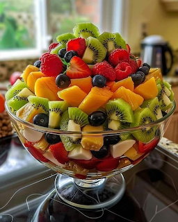 Glass pedestal bowl filled with colorful fresh fruit salad including kiwi, strawberries, raspberries, blueberries, and mango