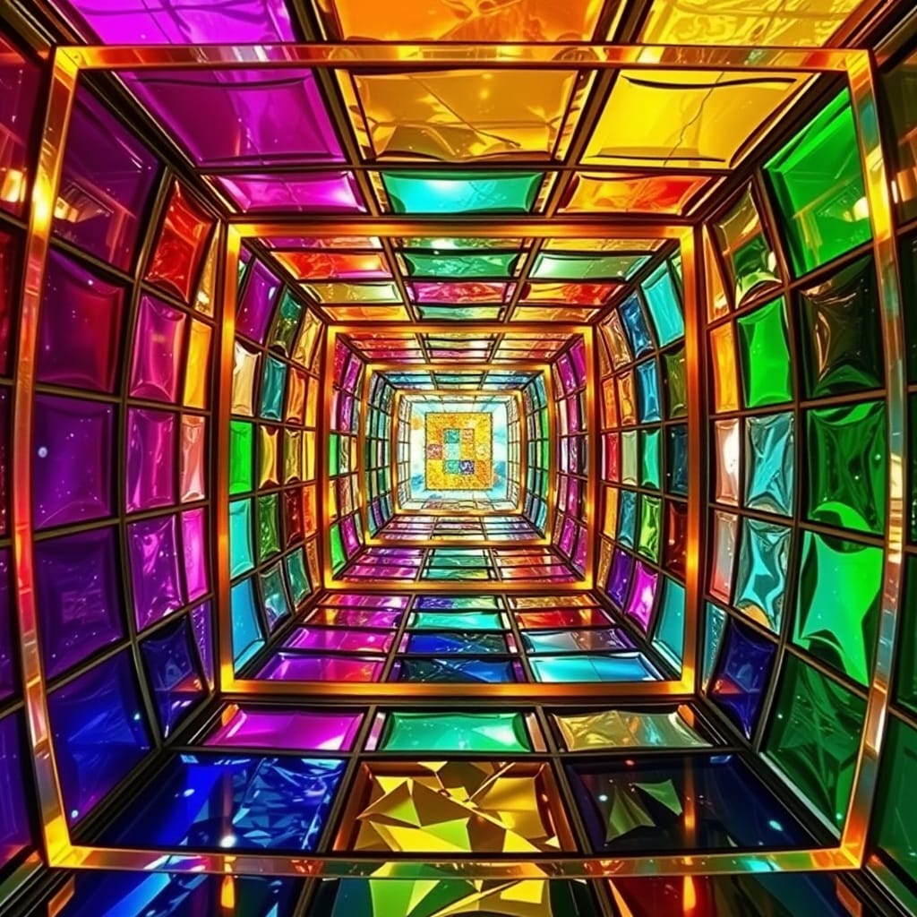 Abstract rainbow-colored geometric glass tunnel viewed from below