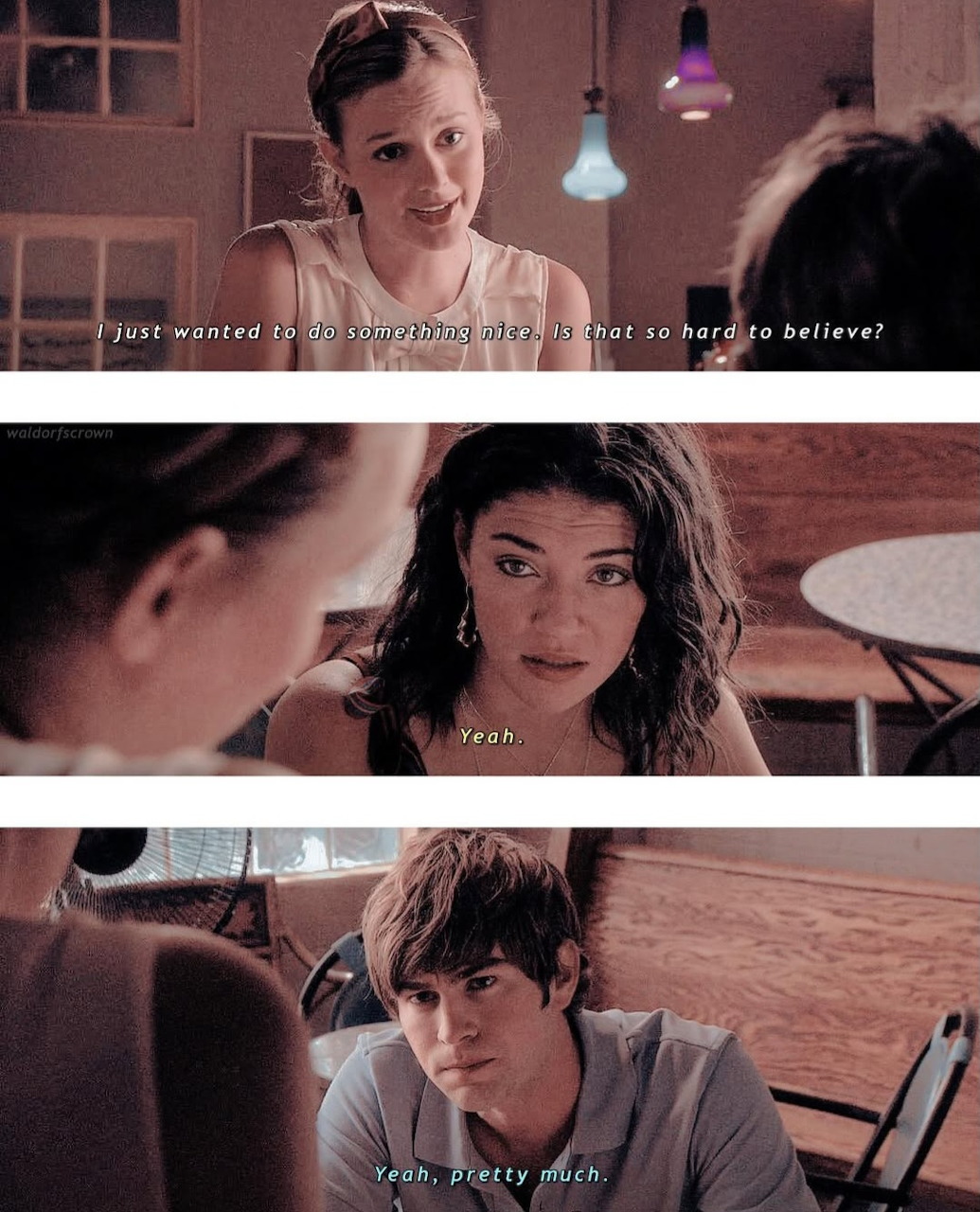 Three-panel Gossip Girl scene showing characters exchanging dialogue in a diner setting
