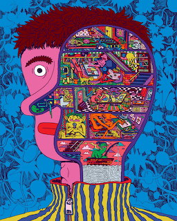 Colorful illustration of a pink human head in profile with interior rooms and objects filling the brain area