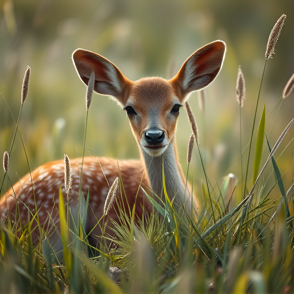 Young fawn lying in tall grass in a sunlit meadow
