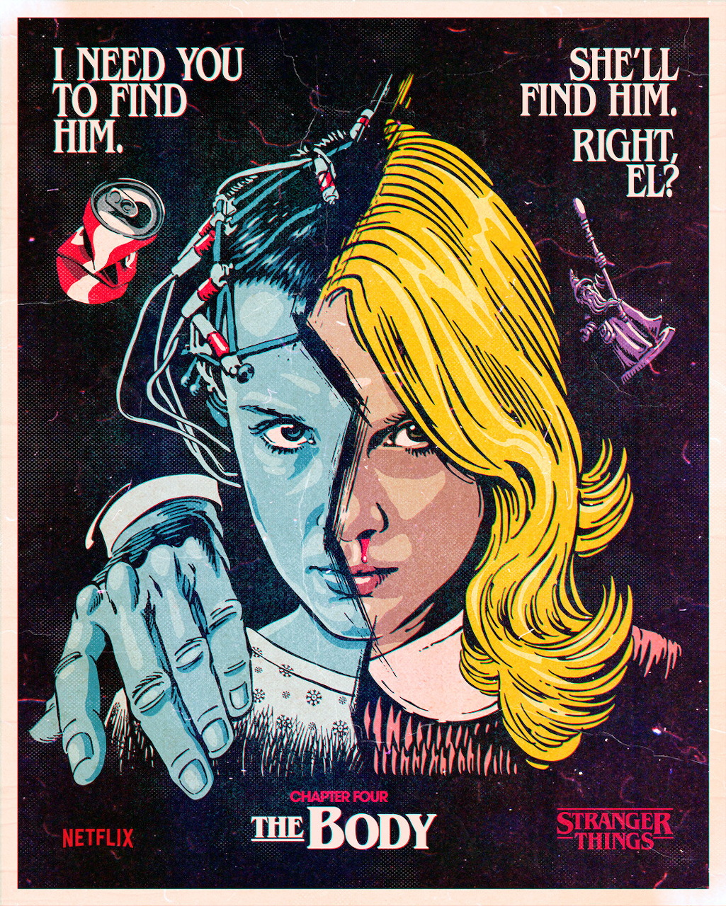 Retro poster art showing blonde woman with split face effect and shadowy figure behind, dark starry background