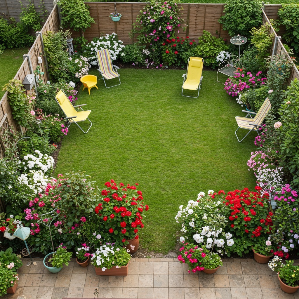 Small backyard garden with lawn, colorful flower beds, patio pots, and yellow lounge chairs