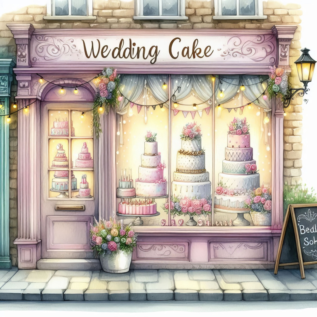 Illustrated wedding cake shop storefront with tiered cakes in the display window and flower arrangements