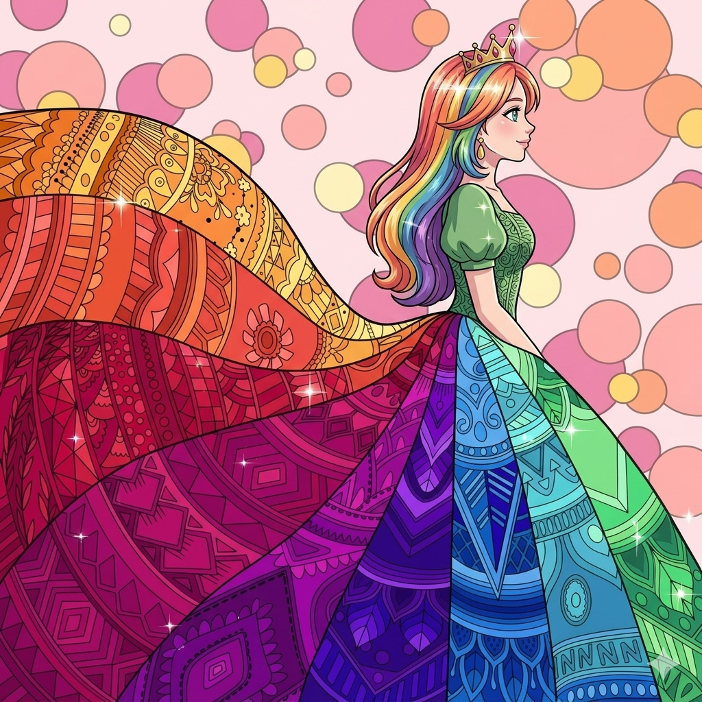 Princess with rainbow hair wearing elaborate patterned dress in pink, orange, purple, and blue hues