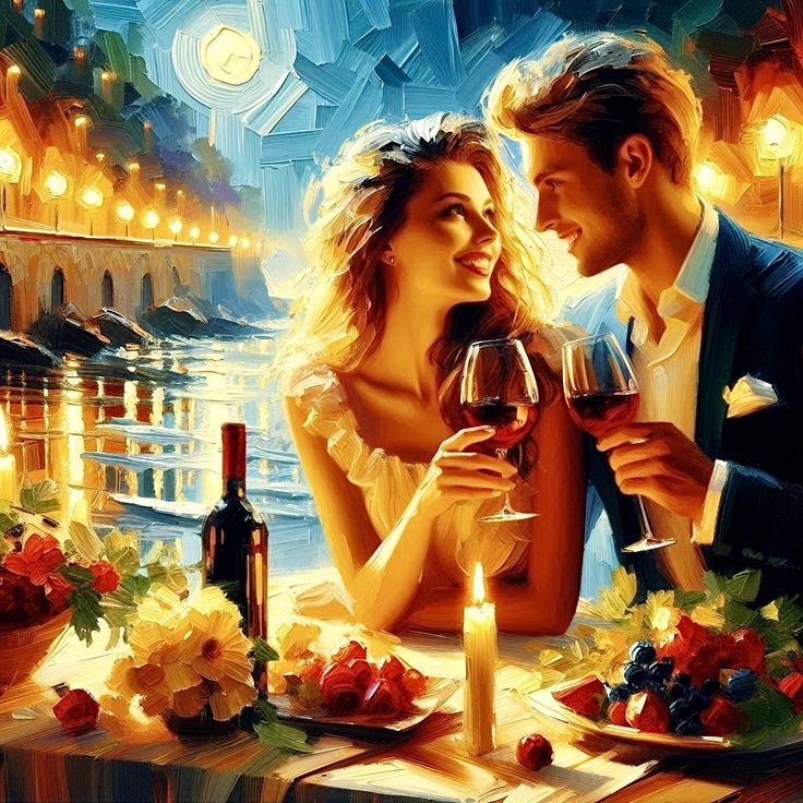 Painting of a couple toasting red wine at a candlelit romantic dinner by a waterfront at night