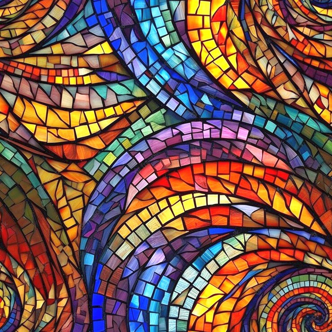Colorful mosaic art with swirling rainbow patterns in stained glass tile style
