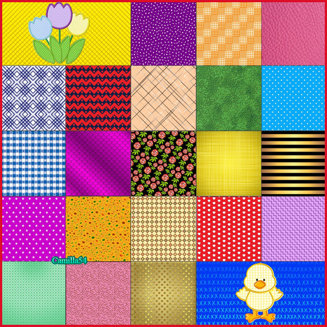 5x5 grid of colorful patchwork squares with various patterns including tulips, polka dots, stripes, and checks